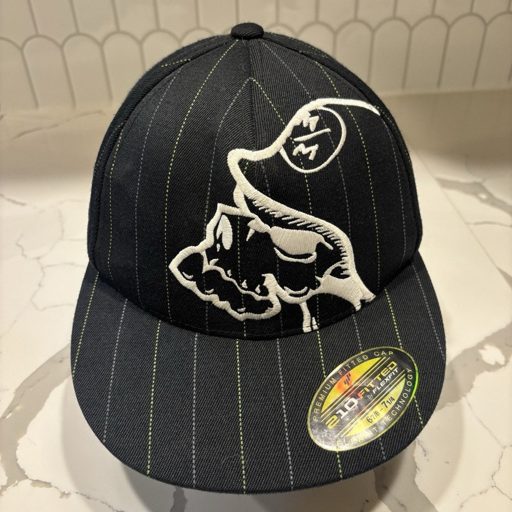 Metal Mulisha Hat Size S/M 210 Fitted Black Flat Cap Stripe White Skull Logo Y2K